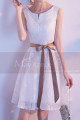 Lace White Short Party Dress With Brown Ribbon Belt - Ref C1930 - 06