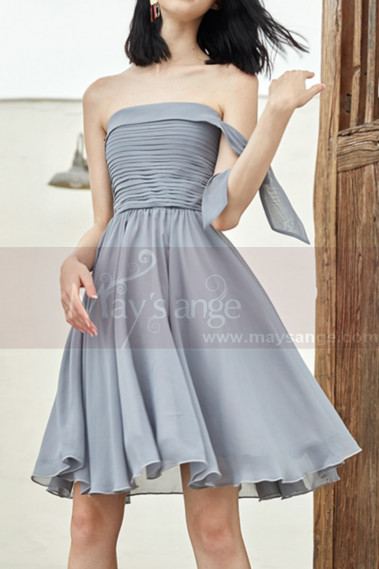 Strapless Short Chiffon Silver Grey Wedding-Guest Party Dress - C1933 #1
