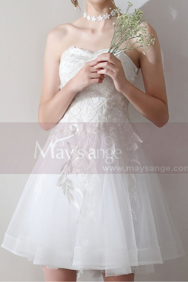 Strapless Embroidered Short White Cocktail Wedding Dress - Ref C1938 - 01