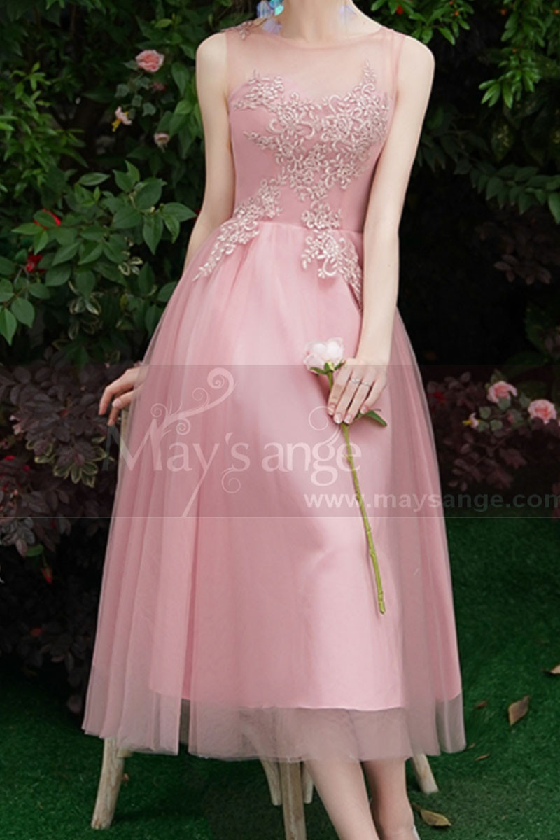 Tea-Length Pink Evening Gowns For Bridesmaid - Ref C1993 - 01