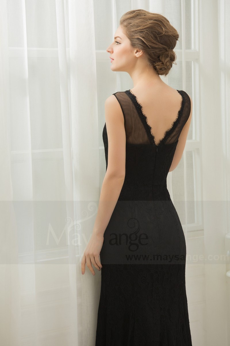 robe de soirée noir long en dentelle decollete v - Ref L757PROMO - 01