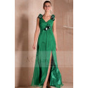 Robe de soiree vert kryptonite mousseline avec bretelles - Ref L280PROMO - 02