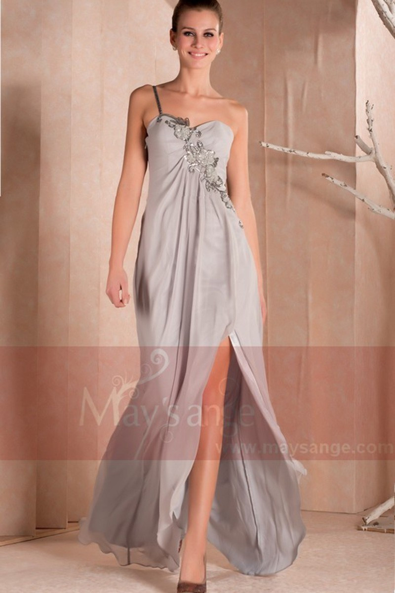 Beautiful One Strap Silver Gray Long Summer Dress With Slit - Ref L263PROMO - 01