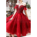 Evening Gowns Red With Sheer Embroidered Top And Tulle Short Sleeve - Ref C1943 - 02
