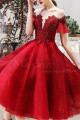 Evening Gowns Red With Sheer Embroidered Top And Tulle Short Sleeve - Ref C1943 - 04