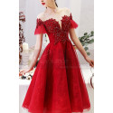 Evening Gowns Red With Sheer Embroidered Top And Tulle Short Sleeve - Ref C1943 - 06