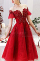 Evening Gowns Red With Sheer Embroidered Top And Tulle Short Sleeve - Ref C1943 - 06