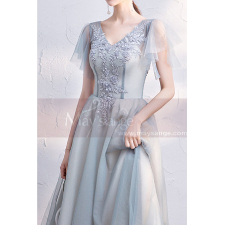 Calf Length Evening Dresses With  V Neck Embroidered Top And Short Sleeves