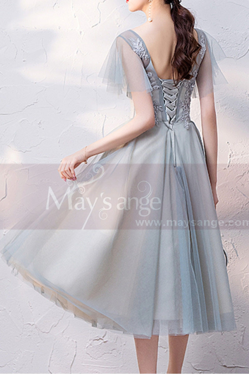 Calf Length Evening Dresses With V Neck Embroidered Top And Short Sleeves