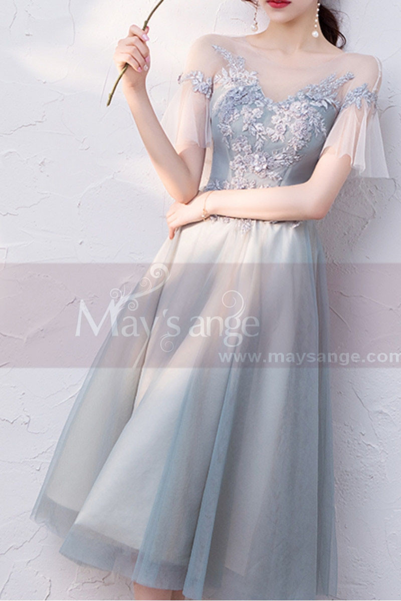 Vintage Style Dresses With Sheer Embroidered Top And Tulle Short Sleeve