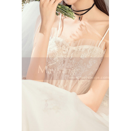 Off White Long Train Wedding Dress With Thin Strap