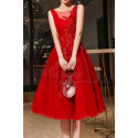 Tulle Sleeveless Embroidered Calf Length Red Prom Dress - Ref C1941 - 03