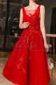 Tulle Sleeveless Embroidered Calf Length Red Prom Dress - Ref C1941 - 06