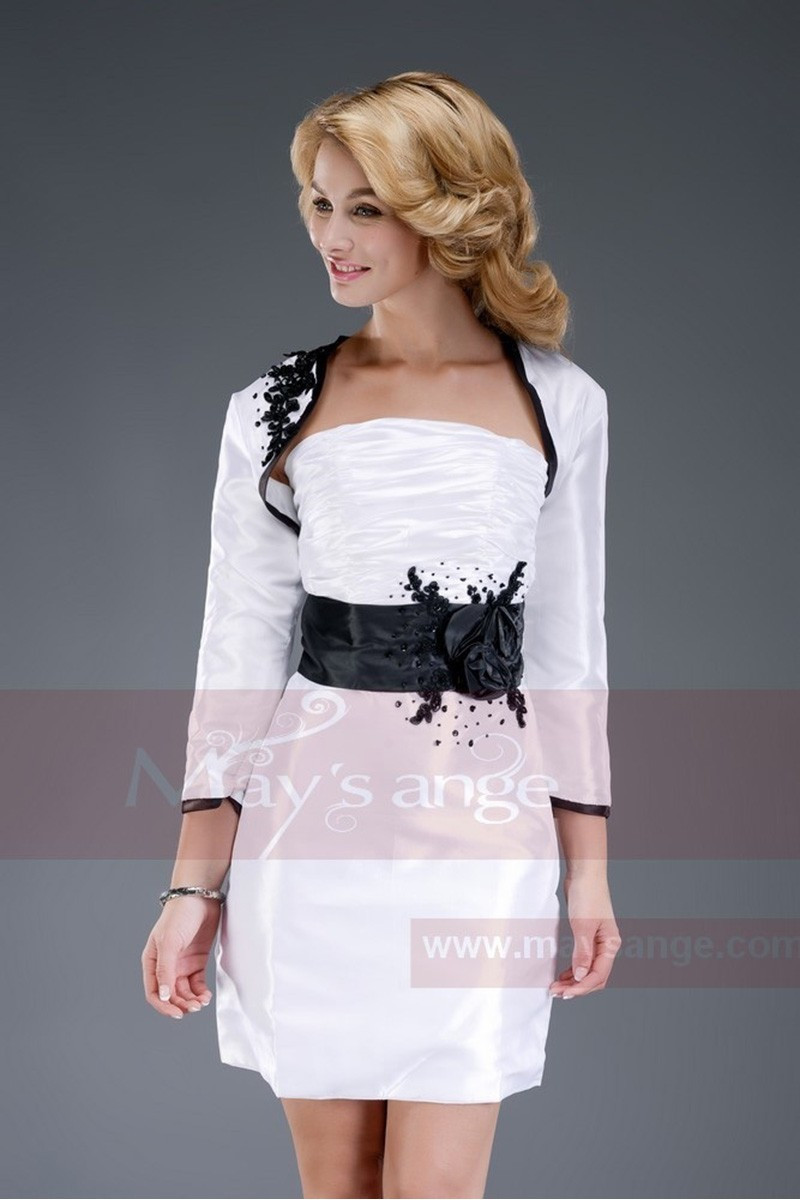 Robe Courte Blanc Et Noire Bustier Fleuries Avec Son Boléro Assorti - Ref C457Promotion - 01