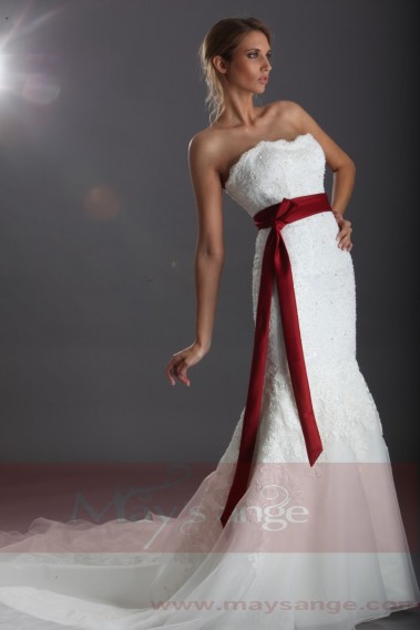 Wedding Dress With Red Ribbon On Waist-Ruby Red Wedding Dress - M048 #1