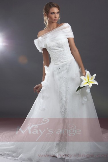 Robe De Mariée Longue En Tulle Et Dentelle - Col V, Taille A, Traîne - Grandes Tailles 2 à 16 - Blanc Polyester