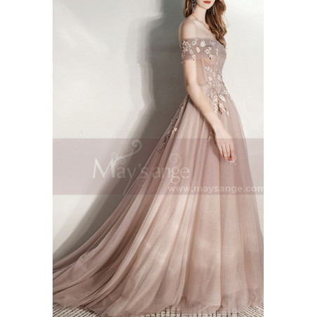 Robe Longue Ceremonie Étincelante Avec Traîne Décolleté Hors Épaules