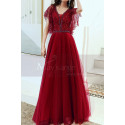 Sequined Top Floor Length Long Red Dress Tulle With Ruffle Sleeve - Ref L1997 - 02