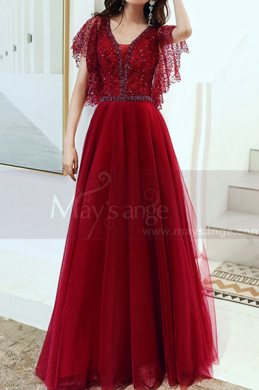 Sequined Top Floor Length Long Red Dress Tulle With Ruffle Sleeve - L1997 #1