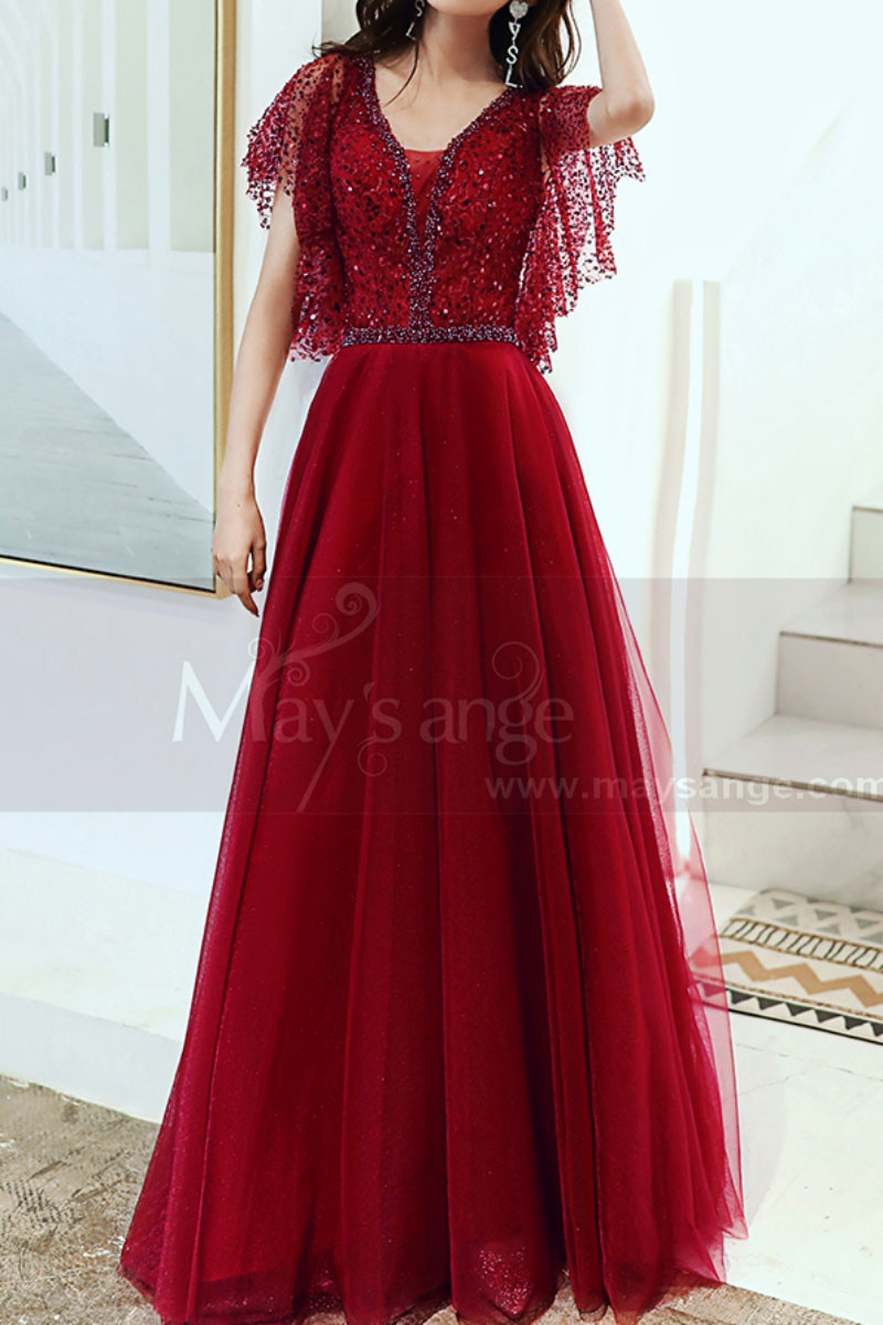 Sequined Top Floor Length Long Red Dress Tulle With Ruffle Sleeve - Ref L1997 - 01
