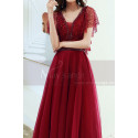 Sequined Top Floor Length Long Red Dress Tulle With Ruffle Sleeve - Ref L1997 - 03