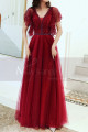 Sequined Top Floor Length Long Red Dress Tulle With Ruffle Sleeve - Ref L1997 - 04