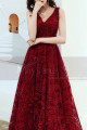 V Neck Sleeveless Red Lace Dress For Prom With Lace Up Closing - Ref L1998 - 02