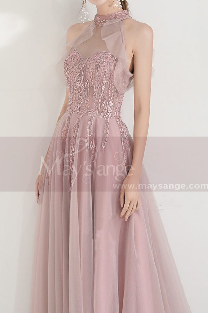 High-Neck Halter Pink Long Prom Dress With Flounce - Ref L1999 - 01