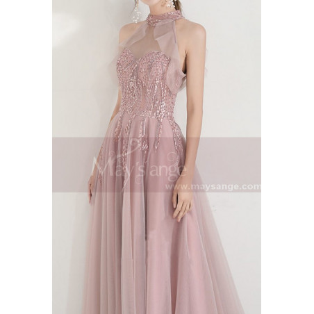 High-Neck Halter Pink Long Prom Dress With Flounce