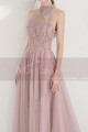 High-Neck Halter Pink Long Prom Dress With Flounce - Ref L1999 - 02