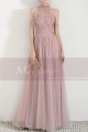 High-Neck Halter Pink Long Prom Dress With Flounce - Ref L1999 - 07
