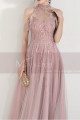 High-Neck Halter Pink Long Prom Dress With Flounce - Ref L1999 - 08