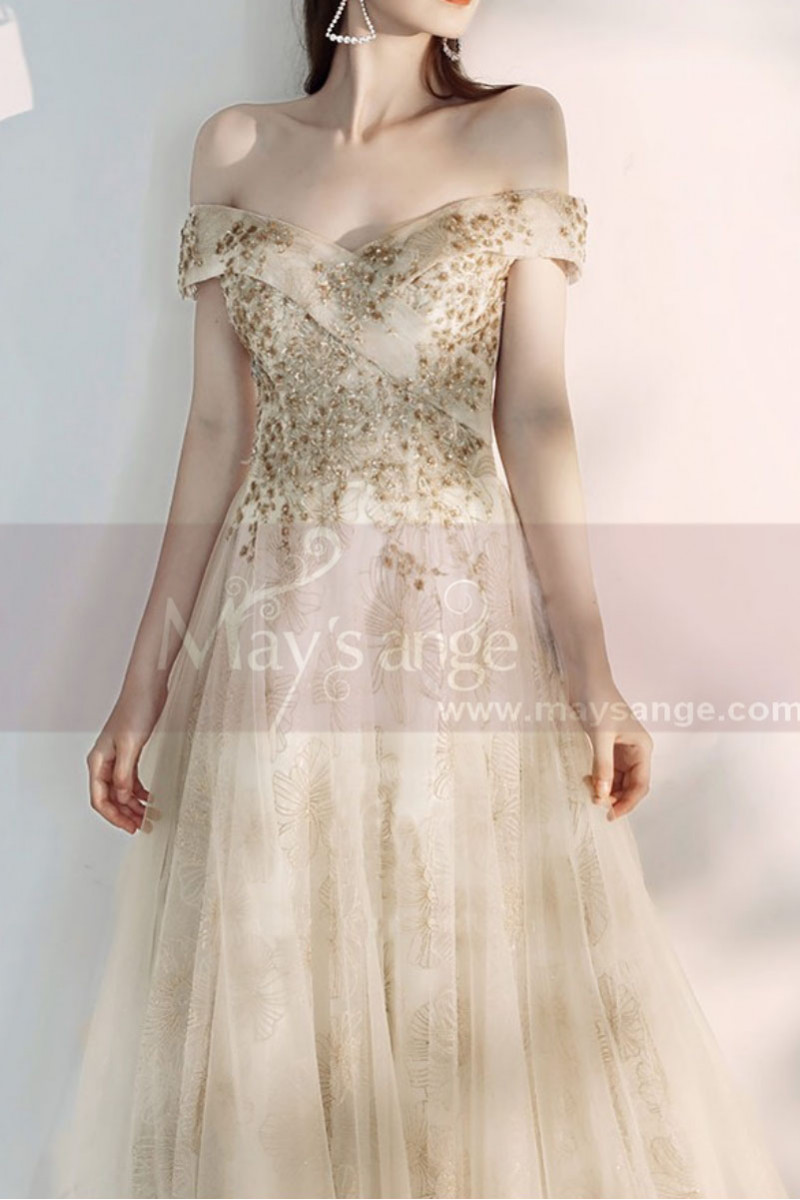 Champagne Off The Shoulder Engagement Dresses With Golden Shiny Ornament Top - Ref L2000 - 01