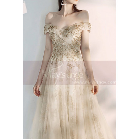 Champagne Off The Shoulder Engagement Dresses With Golden Shiny Ornament Top
