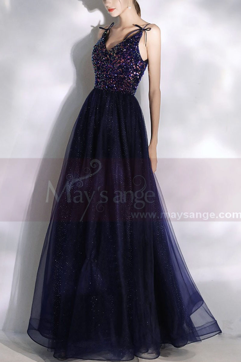 Navy Blue Thin Straps Sequin Evening Dresses - Ref L2001 - 01
