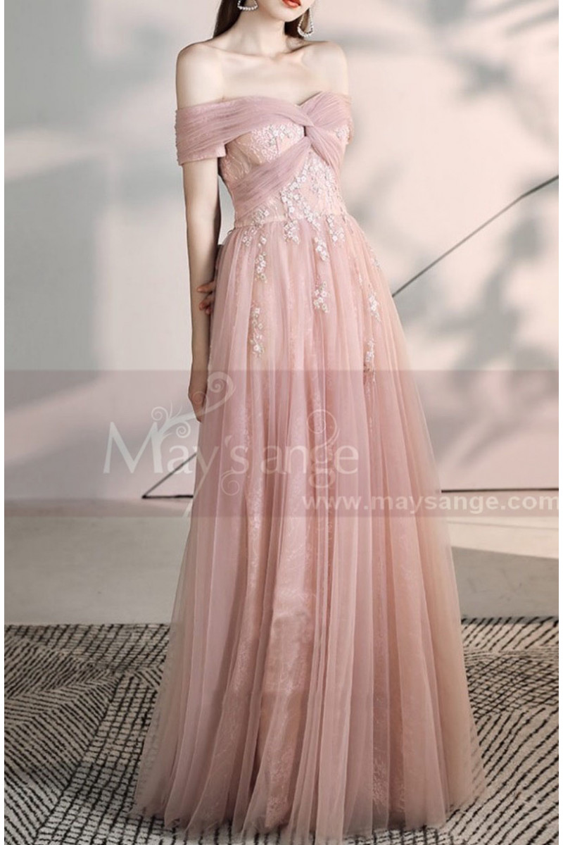 Tie Neck Off The Shoulder Embroidered Blush Pink Bridesmaid Dresses - Ref L2006 - 01