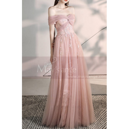 Tie Neck Off The Shoulder Embroidered Blush Pink Bridesmaid Dresses