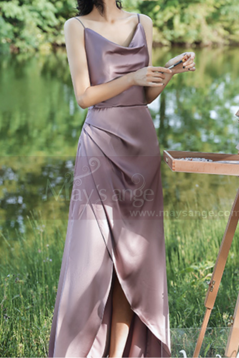 Robe Soiree Longue Echancrée En Satin Avec Bretelles Fines - Ref L1200 - 01