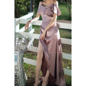 Slit Silver Pink Satin Dress For Bridesmaids Ruffle Neckline And Straps - Ref L1202 - 03