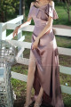 Slit Silver Pink Satin Dress For Bridesmaids Ruffle Neckline And Straps - Ref L1202 - 03