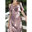 Slit Silver Pink Satin Dress For Bridesmaids Ruffle Neckline And Straps - Ref L1202 - 04