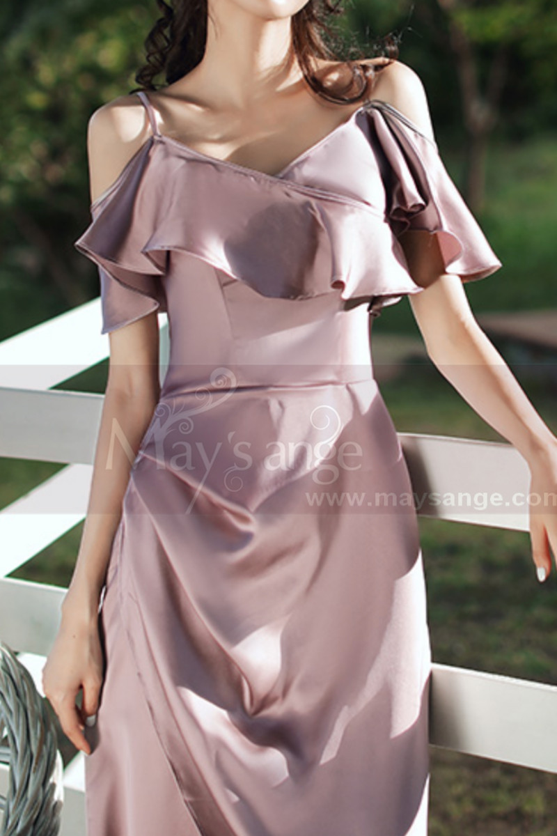 Slit Silver Pink Satin Dress For Bridesmaids Ruffle Neckline And Straps - Ref L1202 - 01