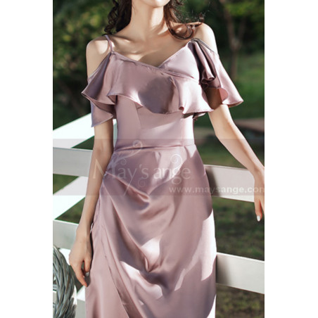 Slit Silver Pink Satin Dress For Bridesmaids Ruffle Neckline And Straps