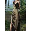 Back Lacing Green Satin Cowl Neck Dress Wtih Slit - Ref L1204 - 02