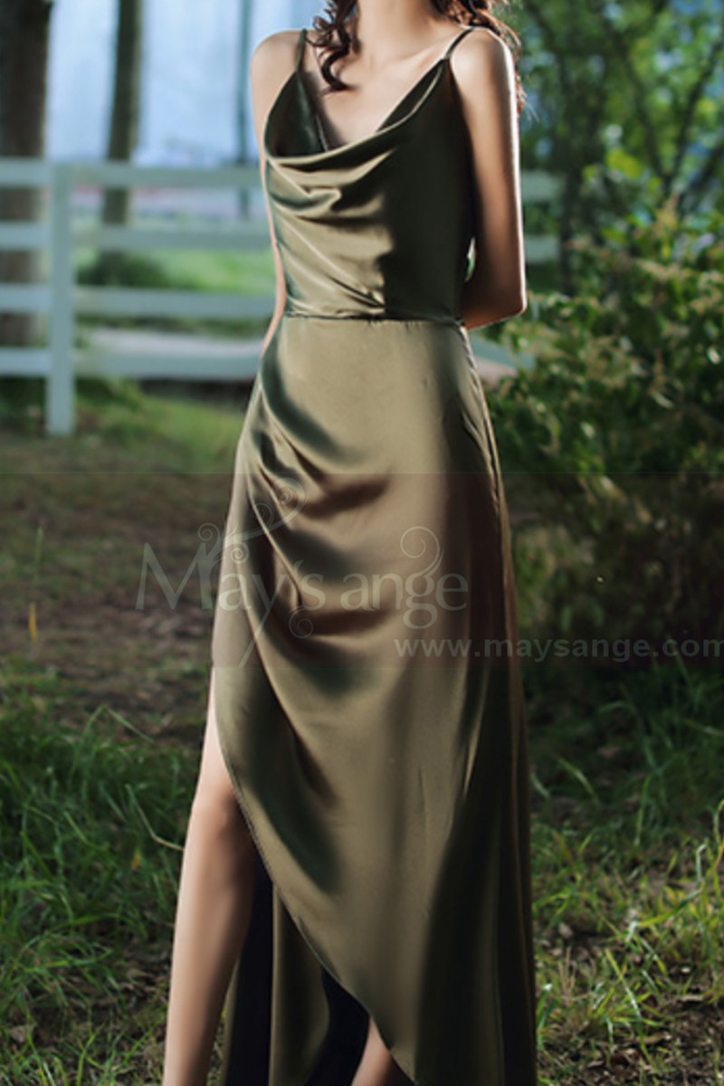 Back Lacing Green Satin Cowl Neck Dress Wtih Slit - Ref L1204 - 01