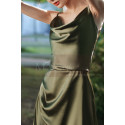 Robe Longue Satin Verte Décolleté Bénitier Avec Fente - Ref L1204 - 03