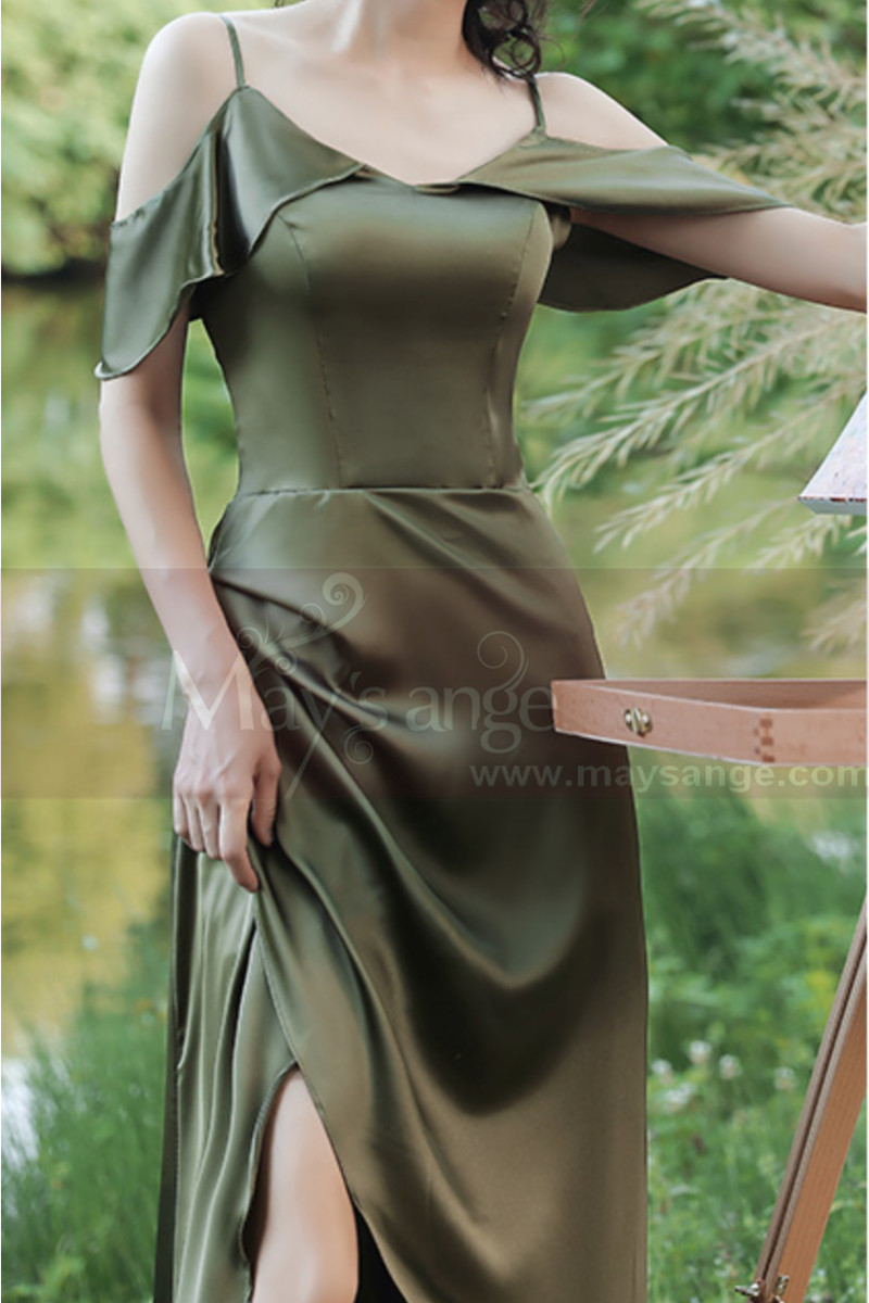 Elegant Long Evening Dresses Green Satin With Train - Ref L1205 - 01