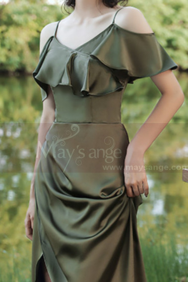 Thin Straps Long Olive Green Dress With Slit For Bridesmaids - L1206 #1