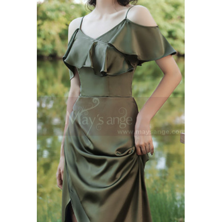 Thin Straps Long Olive Green Dress With Slit For Bridesmaids