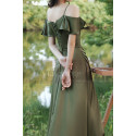 Thin Straps Long Olive Green Dress With Slit For Bridesmaids - Ref L1206 - 03